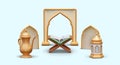 Realistic Koran on wooden book stand, shaped lantern, metal teapot, window and door