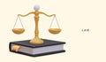 Vector concept of rule of law. Realistic vintage scales stand on book of laws