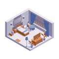 Vector concept scene with isometric hotel room number and business woman working on nothebook. Blue fabric and wooden furniture in Royalty Free Stock Photo