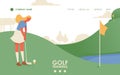 Vector concept sport scene with young blonde woman training on golf court. Flat character, landscape and green grass. Landing page Royalty Free Stock Photo