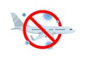 Vector concept of travel cancellation, forbidden airplane flight with coronavirus COVID-19 icons.