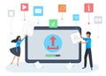 Vector concept of uploading file process on desktop screen with progress bar. Flat design elements for torrent
