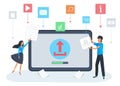 Vector concept of uploading file process on desktop screen with progress bar. Flat design elements for torrent