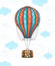 Vector conceptual art of hot air balloon with baggage. Concept of travel around the world. Royalty Free Stock Photo