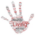 Vector conceptual healthy living positive nutrition sport hand print stamp word cloud isolated background. Collage of happiness Royalty Free Stock Photo