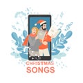 Vector conceptual illustration with people singing Christmas songs on the background of a huge smartphone