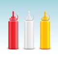 Vector condiment ketchup mayonnaise mustard. Food taste ingredient. Bottle or container red, white and yellow