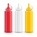 Vector condiment ketchup mayonnaise mustard. Food taste ingredient. Bottle or container red, white and yellow
