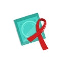 Vector condom in package with red ribbon. World Aids day reminder. Contraception concept. Medical isolated flat icon