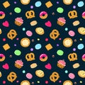 Vector confection and sweets seamless pattern with pastries, candies, pretzels and muffin