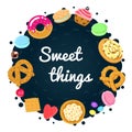 Vector confections and sweets background and card with pastries, candies, pretzels and muffin Royalty Free Stock Photo