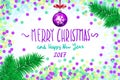 Vector confetti on the table, a hand-written inscription merry christmas and happy new year 2017, christmas tree branch Christmas Royalty Free Stock Photo