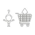 Vector confused businessman character with arrow moving up inside shopping cart. Black outline