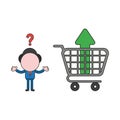 Vector confused businessman character with arrow moving up inside shopping cart. Color and black outlines