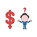 Vector confused businessman character with dollar moving down. Color and black outlines