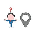 Vector confused businessman character with map pointer. Color and black outlines