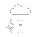 Vector confused businessman character with short wooden ladder to reach cloud. Black outline Royalty Free Stock Photo