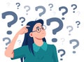 Vector of a confused thinking woman bewildered scratching head seeks a solution looking up at many question marks Royalty Free Stock Photo