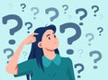 Vector of a confused thinking woman bewildered scratching head seeks a solution looking up at many question marks Royalty Free Stock Photo