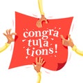 Vector congratulation card with human hands holding greeting banner