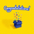 Vector congratulations background, colorful winning prize illustration, surprise box, lottery balls, confetti explosion, lettering Royalty Free Stock Photo