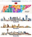 Vector congressional districts map and major cities abstract skylines of Tennessee state