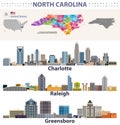 Vector congressional districts map and major cities skylines of North Carolina