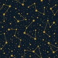 Vector constellations on dark starry sky vector seamless pattern. Winter Christmas holiday background. Stars