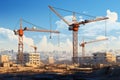 Vector construction Cranes, building under construction, against a blue sky