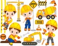 Vector Construction Set with Cute Little Builders, Transport and Tools. Vector Little Boys Royalty Free Stock Photo