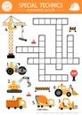 Vector construction site crossword puzzle for kids. Simple quiz with car, truck, excavator, bulldozer, lifting crane, forklift for