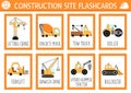 Vector construction site flash cards set with crane, bulldozer, concrete mixer. English language game with industrial transport