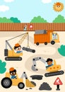 Vector construction site landscape illustration. Scene with kid drivers in tractor, truck, crawler digger, crane building or Royalty Free Stock Photo