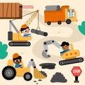 Vector construction site landscape illustration. Scene with kid drivers in tractor, truck, crawler digger, crane building or Royalty Free Stock Photo