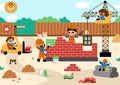 Vector construction site landscape illustration. Scene with kid workers in building a brick house. Horizontal background with Royalty Free Stock Photo