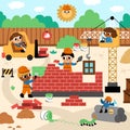 Vector construction site landscape illustration. Scene with kid workers building a brick house. Square background with funny Royalty Free Stock Photo