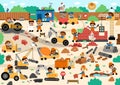 Vector construction site and road work landscape illustration. Building scene with funny kid builders, transport, bulldozer, Royalty Free Stock Photo