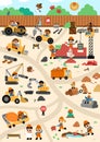 Vector construction site and road work vertical landscape illustration. Building scene with funny kid builders, transport, Royalty Free Stock Photo