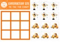 Vector construction site tic tac toe chart with forklift and lifting crane with driver workers. Building works board game playing Royalty Free Stock Photo