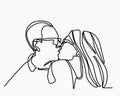 Vector continuous line drawing of kissing couple. A man kisses a