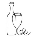 Vector continuous line illustration with wine bottle, wineglass and grapes