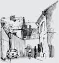 Vector contour drawing of cityscape with old street with houses, car and pedestrians