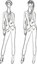 Vector contour drawing of young slim women in trouser business suits