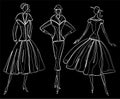 Vector contour drawings of fashionable slim women in retro costumes