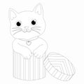 Vector contour illustration of a cute cat sitting in a gift box illustration for coloring page.