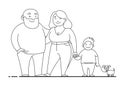 Vector contour illustration of a family, dad, mom, son, small dog. Happy overweight family. Fat parents, fat child, son, fat dog.