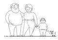 Vector contour illustration of a family, grandmother, grandfather and grandson, a small dog. Happy overweight family. Fat old