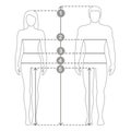 Man and women sizes measurements. Human body measurements and proportions. Royalty Free Stock Photo