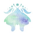 Vector contour illustration of a moth with blue watercolor background. Sacred colorful clipart of a winged insect with the moon