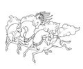 Vector contour line three Russian horses in russian style. Troika galloping horses in black outline on white background.